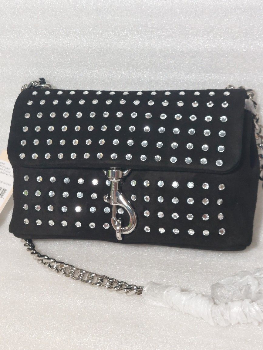 Rebecca Minkoff Designer Crossbody Bag Purse. Black Suede Clear Crystals. Brand New With Tags. Beautiful Women's Handbag 