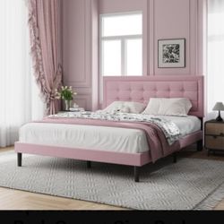 IOILORI Queen Size Upholstered Platform Bed, Queen Size Bed Frame with Tufted Button Headboard, Sturdy Frame Wooden Slats, No Spring Mattress Required