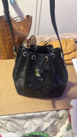 MCM black Visetos drawstring bucket bag