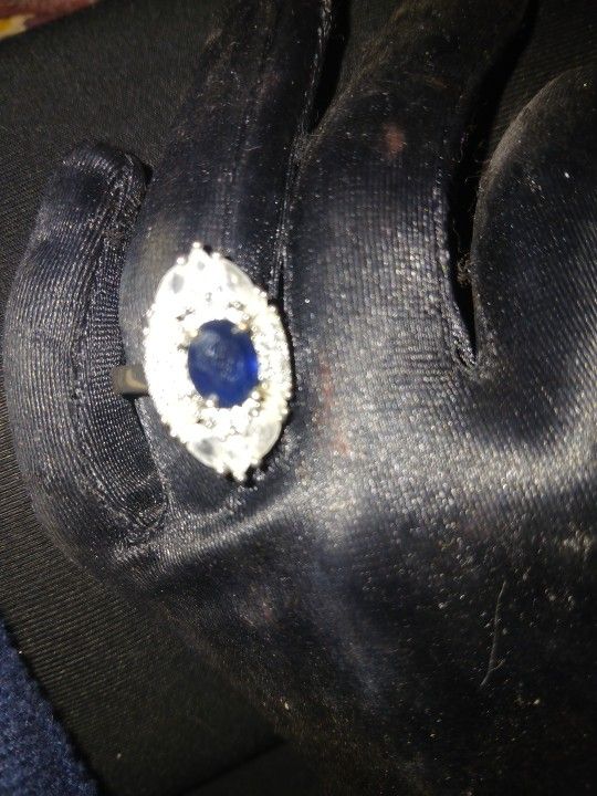 Silver Ring With Diamonds And Sapphire Stone