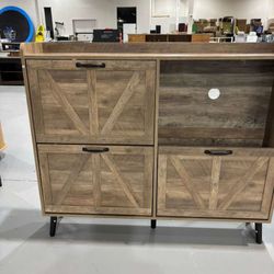 M-New (Missing 1 Drawer) Farmhouse Freestanding Entryway Storage Shoe Rack Cabinet with 4 Flip Drawers Top Open Shelf | Adjustable Compartment Metal F