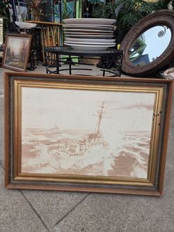 Vintage Naval Print - War Destroyer by R.A. Ginders (Framed Print)
