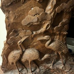 Large Vintage Chinese Root Carving Panel  (Pine and Cranes Longevity Motif)