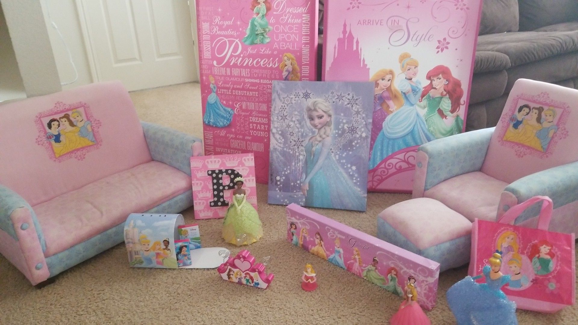 Princess bedroom pieces, furniture and wall pictures and costumes all gently used items