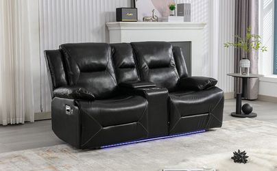 2 Seater Home Theater Recliner Manual Recliner Chair with a LED Light Strip Two Cup Holders and a Storage Box for Living Room,Bedroom, Black