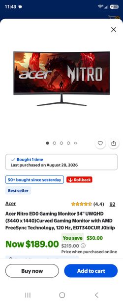 Acer Nitro ED0 Gaming Monitor 34" UWQHD (3440 x 1440)Curved Gaming Monitor with AMD FreeSync Technology, 120 Hz, EDT340CUR J0biip