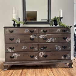 Painted Colonial Craft Cabinet, Floral 8 Drawer Dresser 