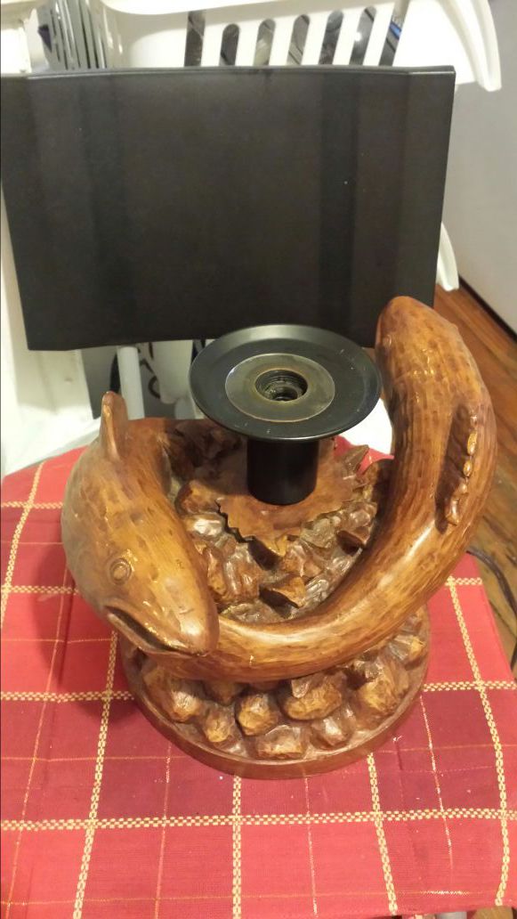 ANTIQUE DOUBLE KOI FISH WOOD CARVED TABLE/BEDSIDE LAMP