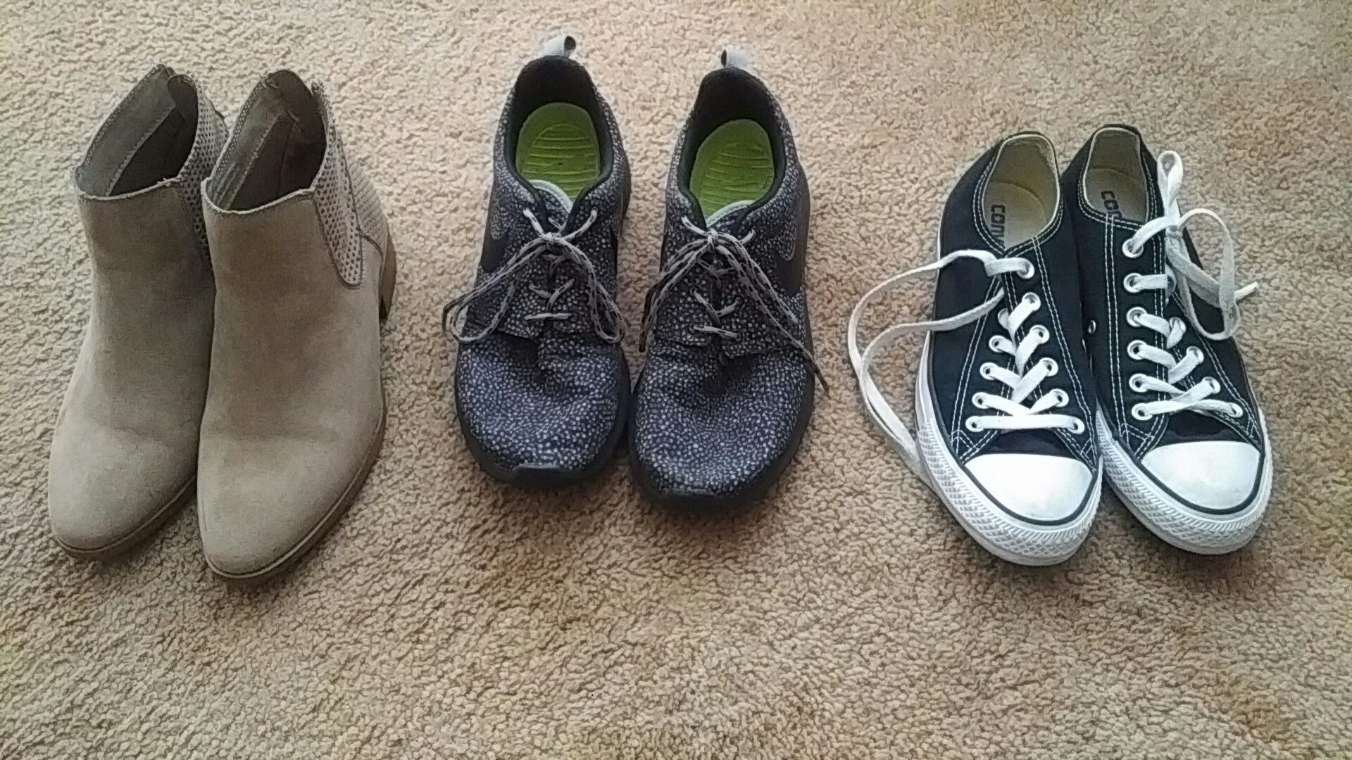 Shoes - beige ones is size 7, grey Nike Roshes is size 8, Converse is size 8, all in good condition and no tears