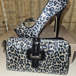 Blue Leopard Print Heels With Matching Clutch Purse- Never Worn- Size 8.5