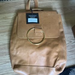 ABLE Cognac Leather Backpack Purse Urban Gold Ring Snap Closure Zip Pocket