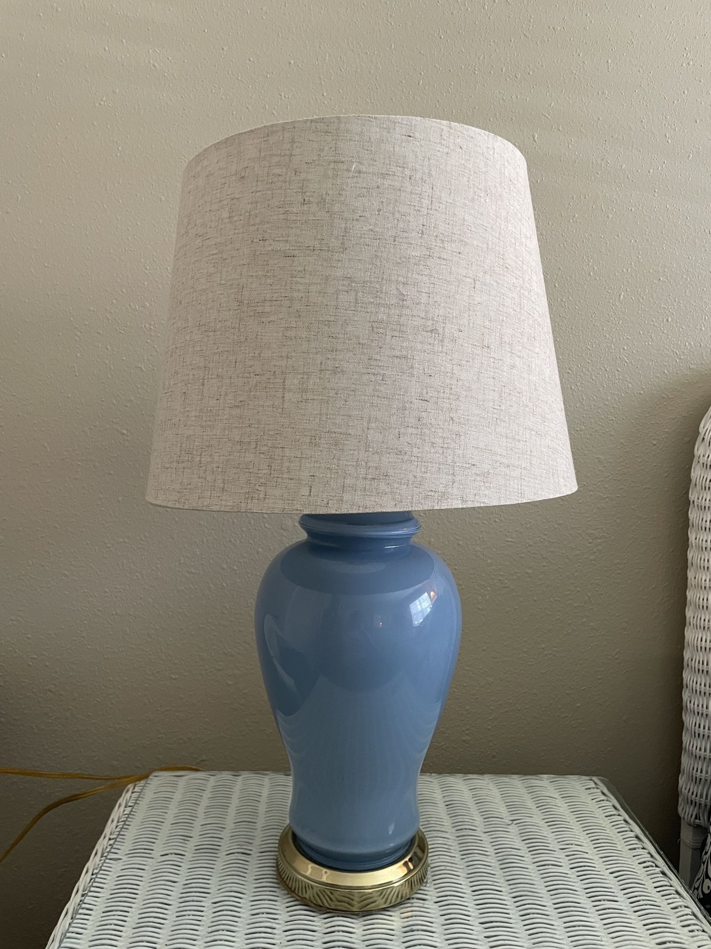 Vintage Temple Jar French Blue table lamp with gold rim bottom & shade