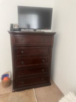 Dark Cherry Wood Tall Dresser 6 Drawers