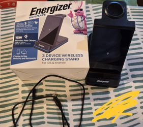 Energizer 3-in-1 15W Qi Wireless Fast 15W Charger Charging Station Stand w RGB Light iPhone AirPods Watch Apple Google Samsung Android Pixel