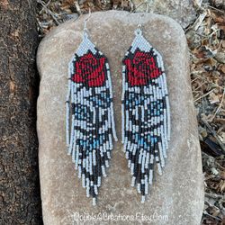 Rose Beaded Earrings, New, Handmade By Me