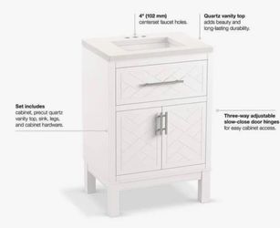 Bathroom Vanity Cabinet With Sink And Quartz Top In White 24” LIKE NEW