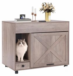 Air7018 Wooden Cat Litter Box Enclosure AIR7018, Side Table with Wheels