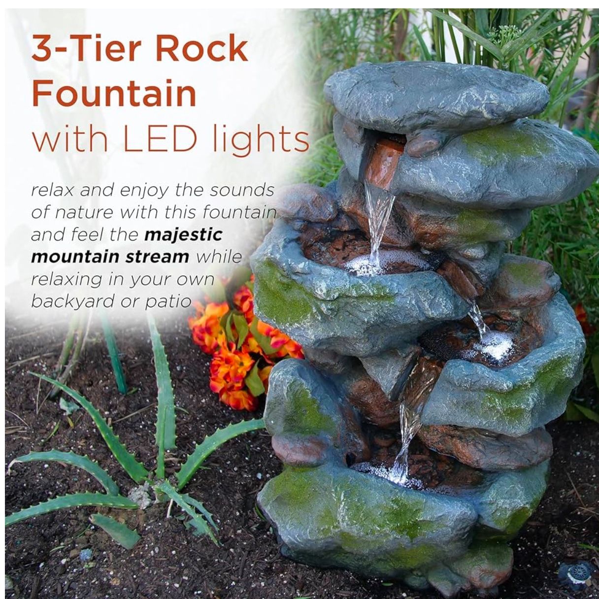 Alpine Corporation WIN582 Outdoor Floor 3-Tiered Rock Waterfall Fountain 