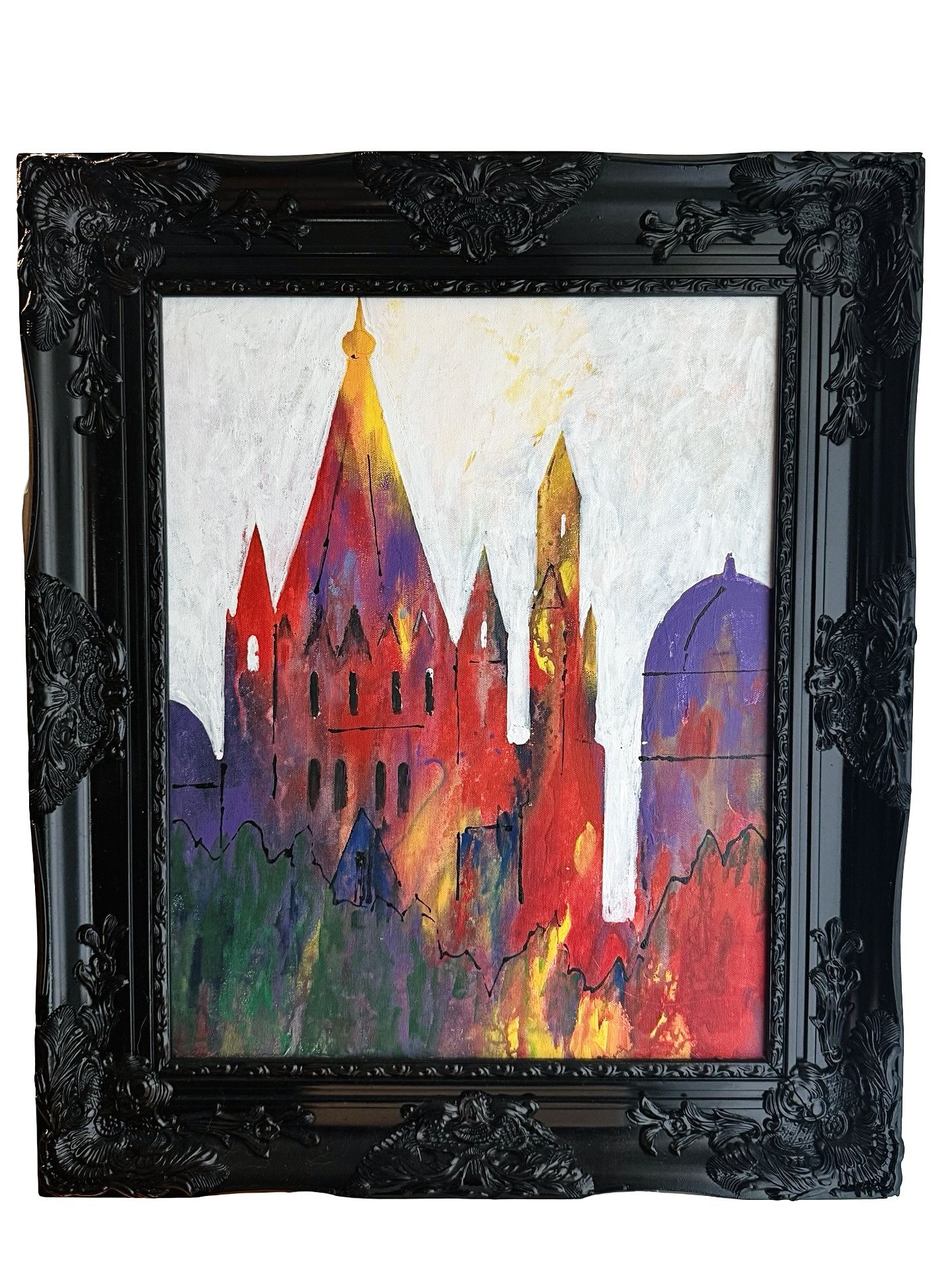 Abstract Original Painting Art on Canvas in Black Frame Colorful Architecture