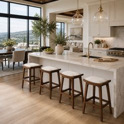 Set of 4 Walnut Saddle Counter Stools – Cream Cushion