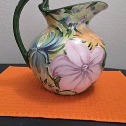 Hand-Painted Italian Ceramic Pitcher – Signed “CESAC” – Floral Majolica Style – 11"