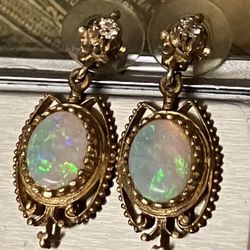 Antique 14kt Gold, Diamond And Australian Opal Earrings 
