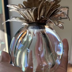 HOLLYWOOD REGENCY CANDLE HOLDER PINEAPPLE GLASS BALL METAL LEAF 1960s MCM