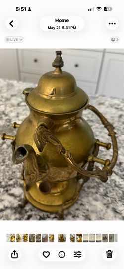 Vintage Ornate Brass Tilting Teapot on Warming Stand