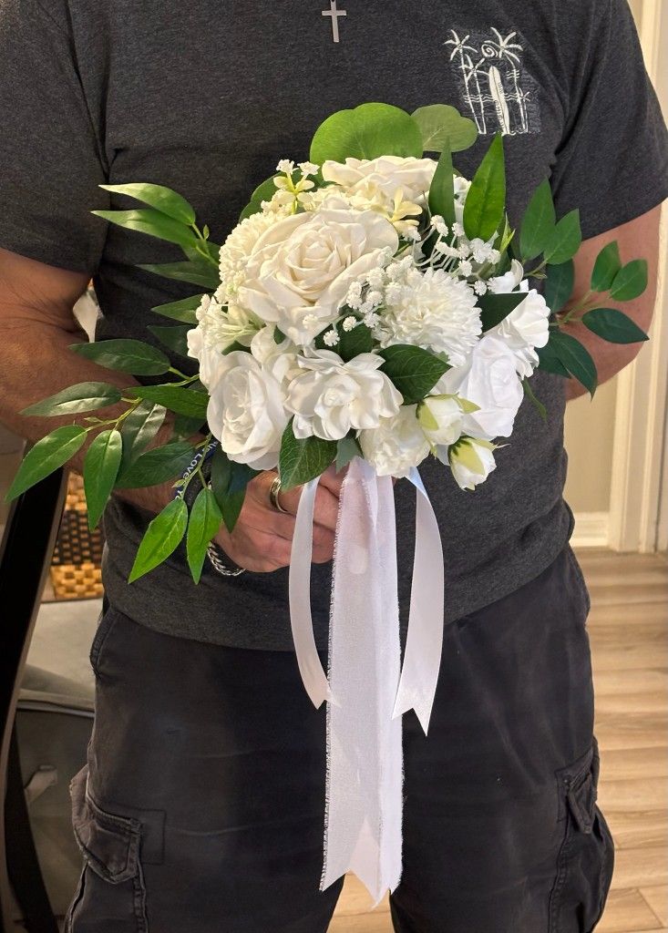 Bride Wedding Bouquet, White And Greenery Silk Florals, Roses, Gardenias, Hydrangea, More, See Photos, NEW