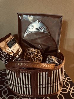 Brown bamboo gift basket with handles