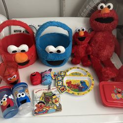 Elmo Lot Of Toys And Eating Plate Bowl Cups 