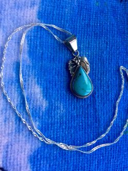 Sterling Silver necklace with Silver Grape leave and blue gemstone pendant / LOVE SILVER *