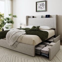 C486 $145  SHA CERLIN Full Size Storage Bed Frame with 4 Oversized Drawers, Modern Wingback Headboard with Storage Shelf & Charging Station, No Box Sp