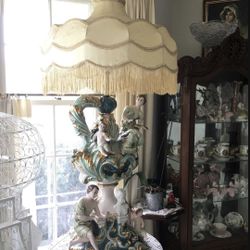 ANTIQUE LAMP. STATUE 30.5”TALL WITH LAMP SHADE IT IS  53 .5” HIGH 