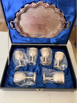 Vintage Japanese Silver-Plated 7-Piece Cordial Set w/ Serving Tray & Original Case