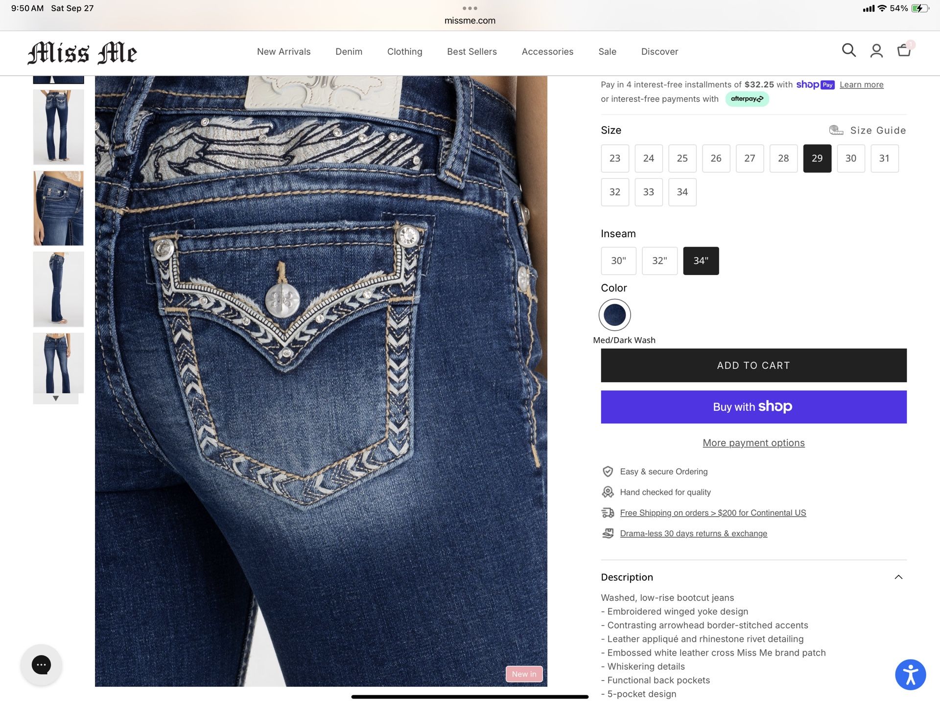MISS ME WOMEN’S JEANS…size 29/34…BRAND NEW $100
