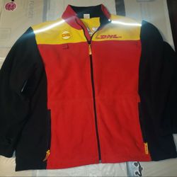 DHL Delivery Jacket Mens XL Red Black Yellow Full Zip Fleece Long Sleeve