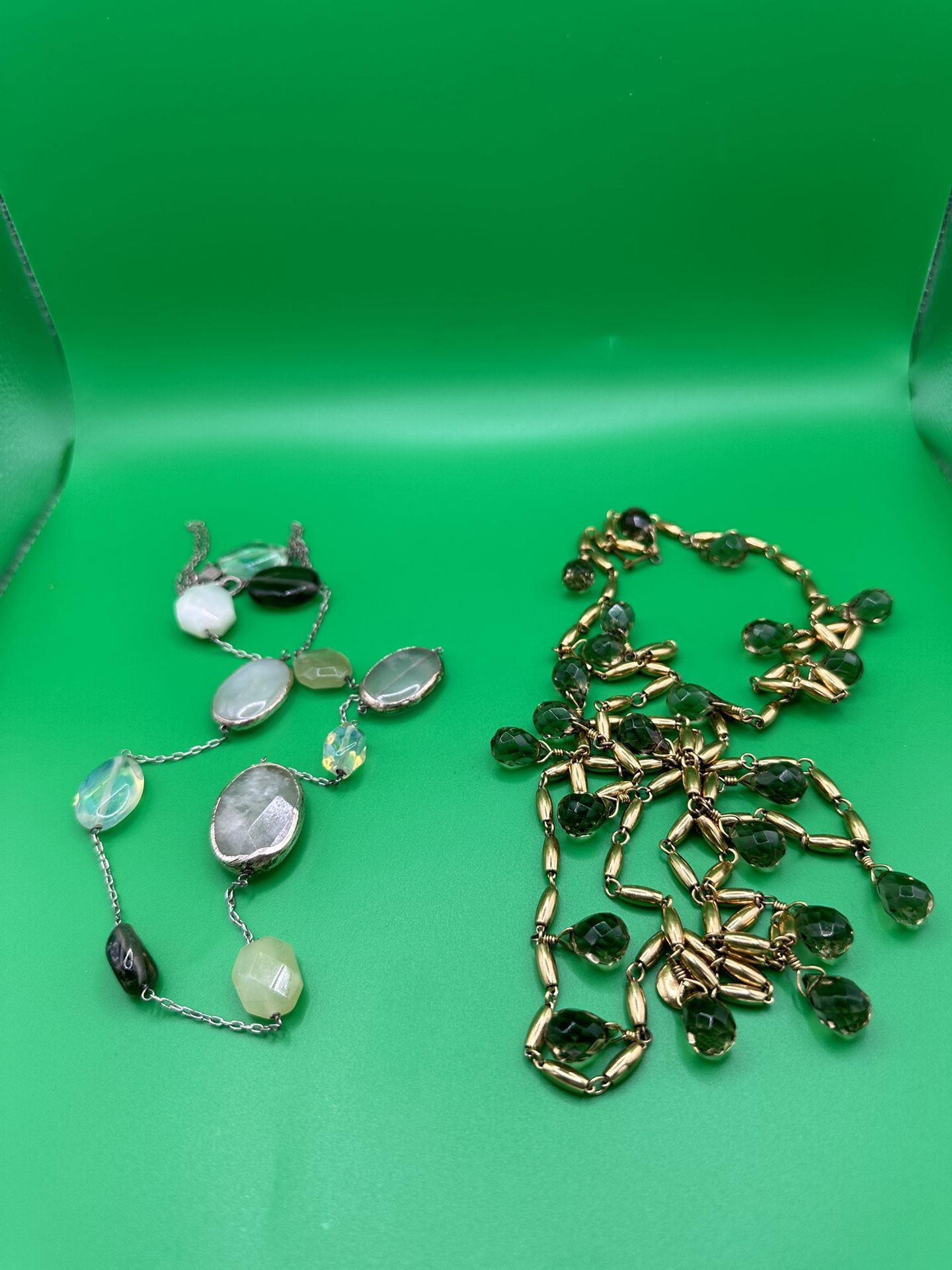 J Jill & J Crew Lot Of 2 Necklaces J Jill Is 32” Real Stones Silver Tone J Crew Gold Tone Smoky Glass 48” 2 Beads Missing Good Condition