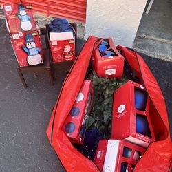 Large Christmas tree & ornaments. blowup snowman and blow up santa