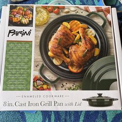 Brand New Cast Iron Grill Pan with Lid 8in Enameled