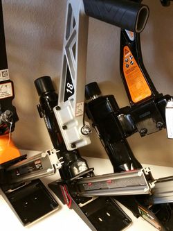 Husky 18 gauge pneumatic flooring nailer 3/8 to 3/4 " L tongue and groove flooring lightweight fiberglass Mallet self pre-finished flooring