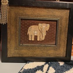 Elephant Embellished Picture,  Elephant Collection Of 2 Large Elephants, 1 Smaller Wooden Carved Elephant And Table Top Interesting Pic Book Of Africa