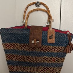 Caribbean Joe Island Supply Co tote beach bag knitting bag book bag Straw Exterior Lined 