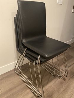 Set Of 4 IKEA LILLANAS Stackable Dining Chairs, Flexy-feel  Backrest  Chrome Plated Legs, Dark Brown Faux Leather eel 
