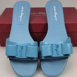 Ferragamo Vicky Turquoise Lambskin Logo Slides