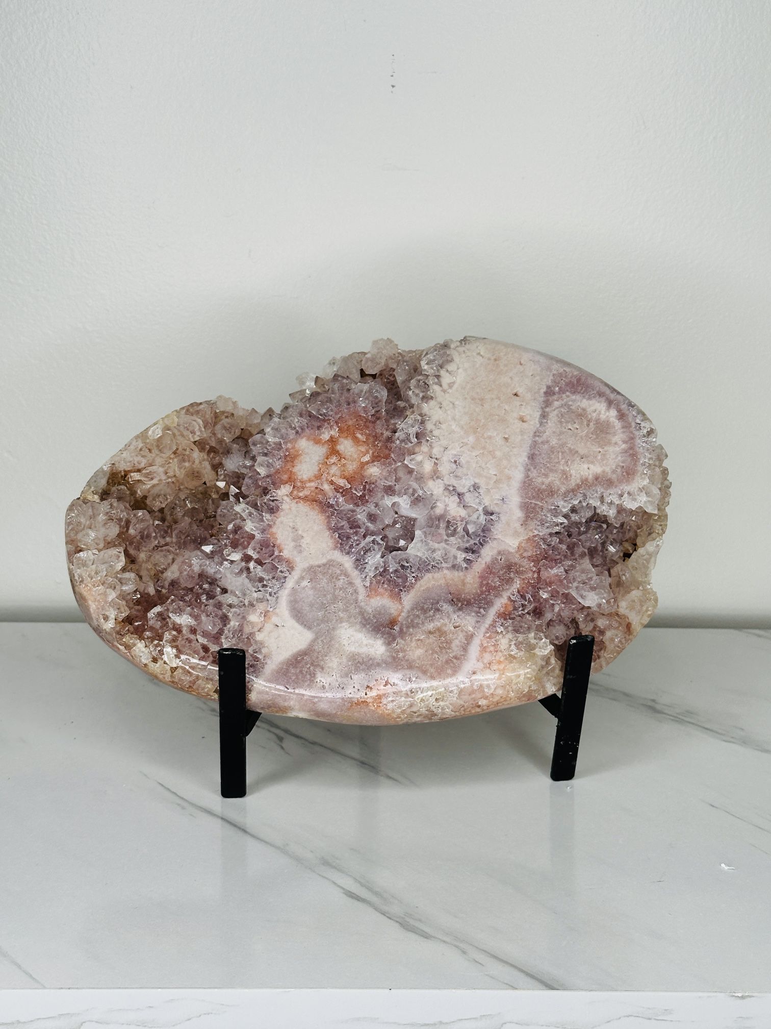Pink Amethyst Druzy Slab with Stand | Polished Crystal Decor | 9x6” Statement Piece