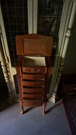 Wooden Standing Jewelry Armoire with Mirror