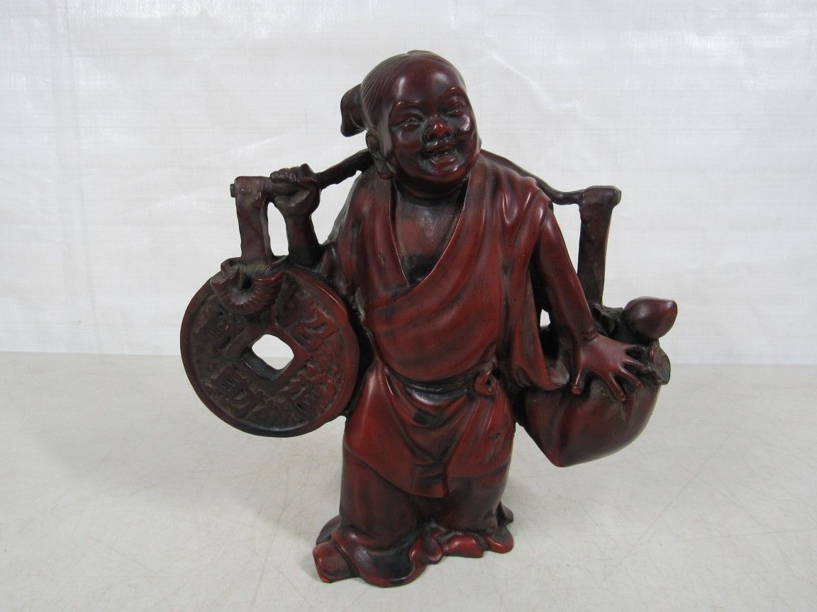 Chinese Figure Carrying Shoulder Yoke Coin Wealth & Longevity Statue