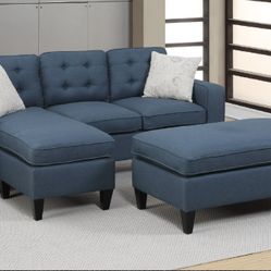 Sofa Convertible Bed Navy Fabric Sectional with XL Ottoman Coffee Table🤩New