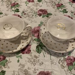 Set Of 2 Grace Tea ware White And Gold Polka Dot Tea Cups W/Saucers